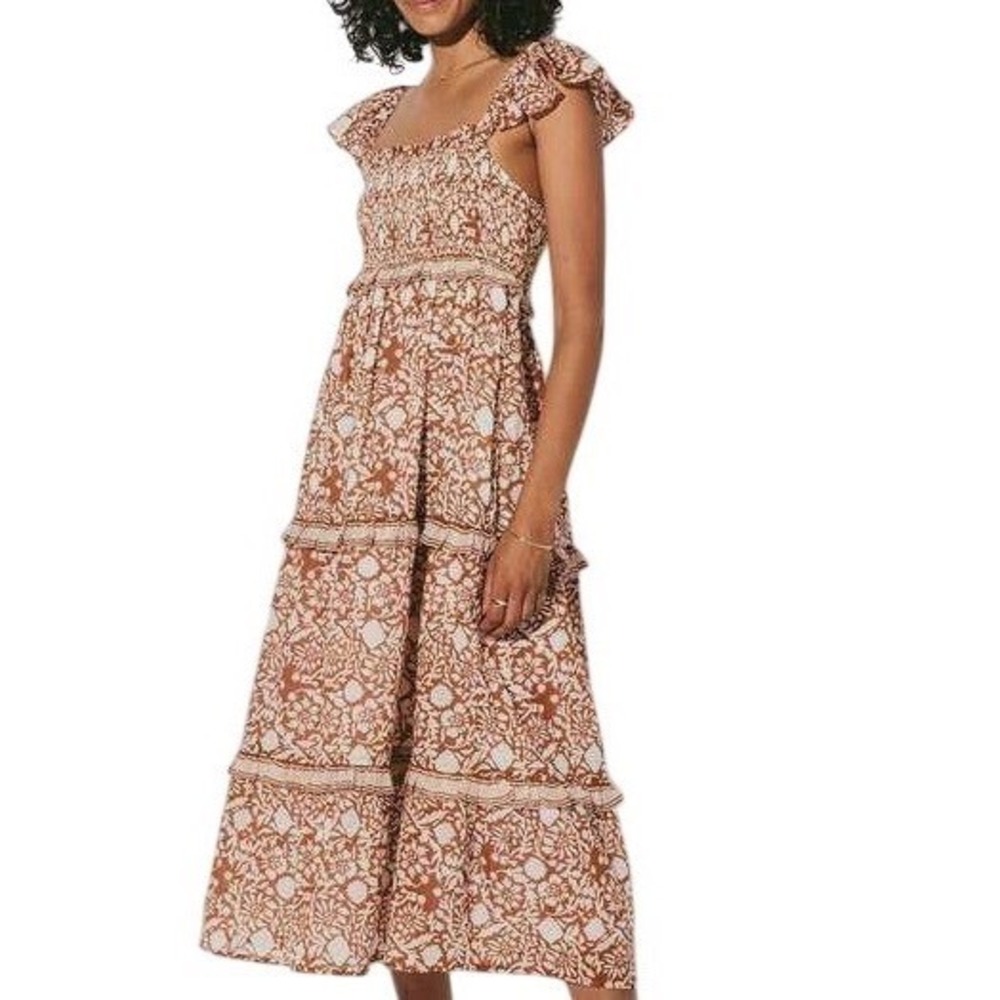 Cleobella Frida Terracotta Organic Cotton Block Print Boho Midi Dress size XS